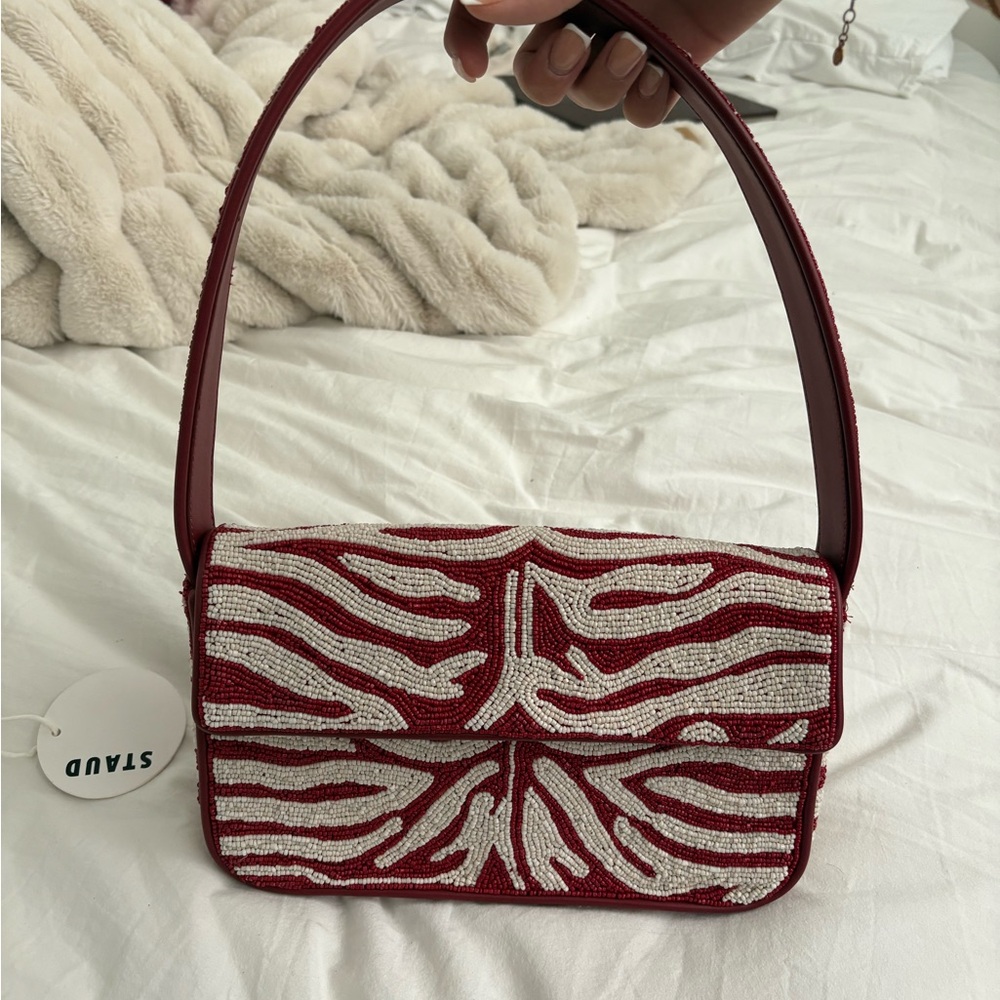 STAUD Red and White Beaded Zebra-Pattern Shoulder Bag